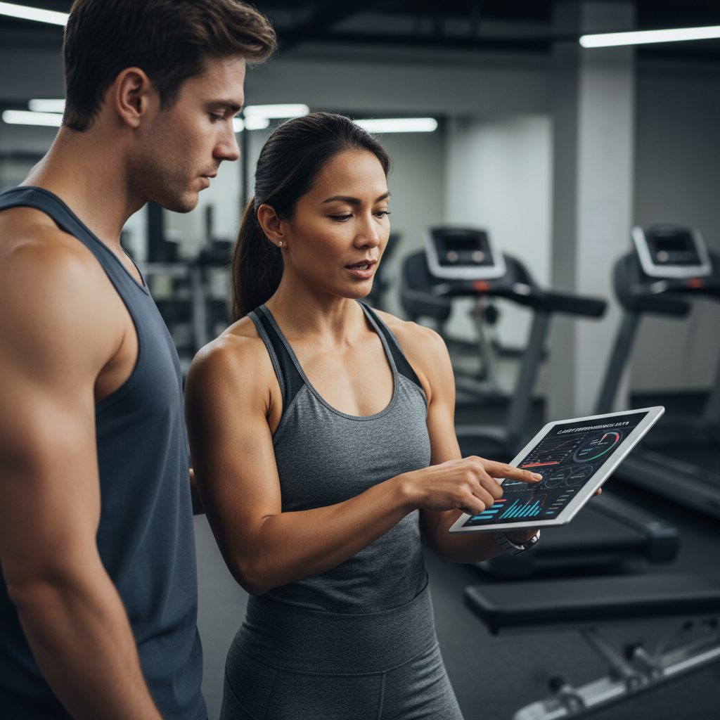 A person scrolling through fitness content on their phone, looking thoughtful.