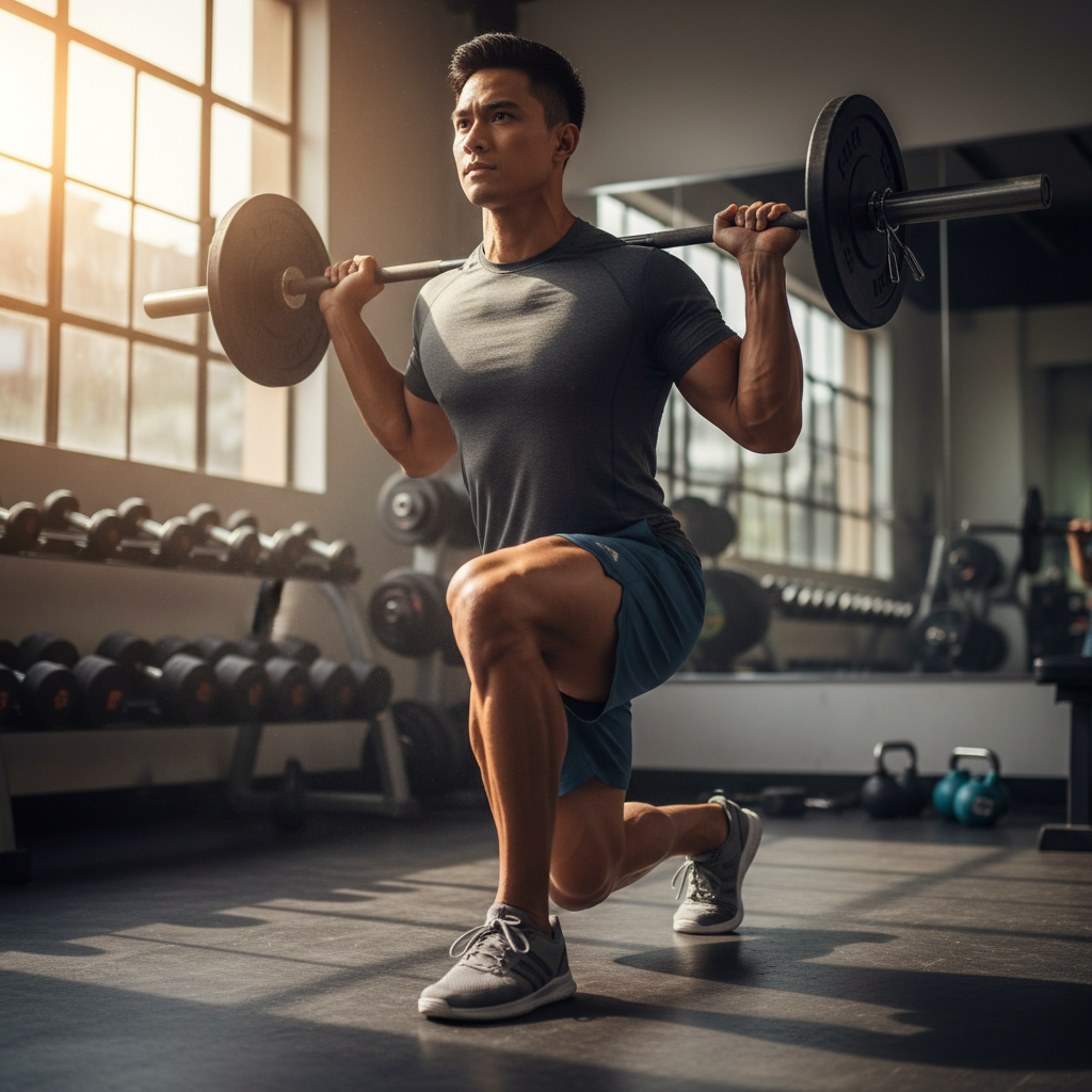 Close-up of a person's legs during a lunge exercise at home.