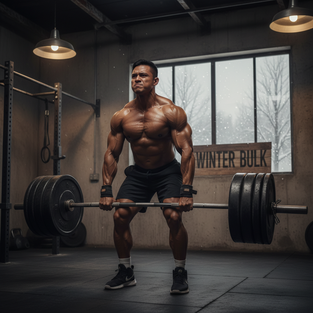 A focused athlete resting between sets during a winter mass gain workout.