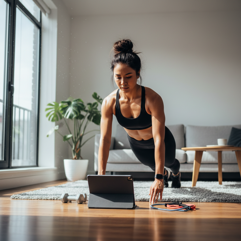An online fitness coach in the Philippines guiding a client through a workout on a laptop.