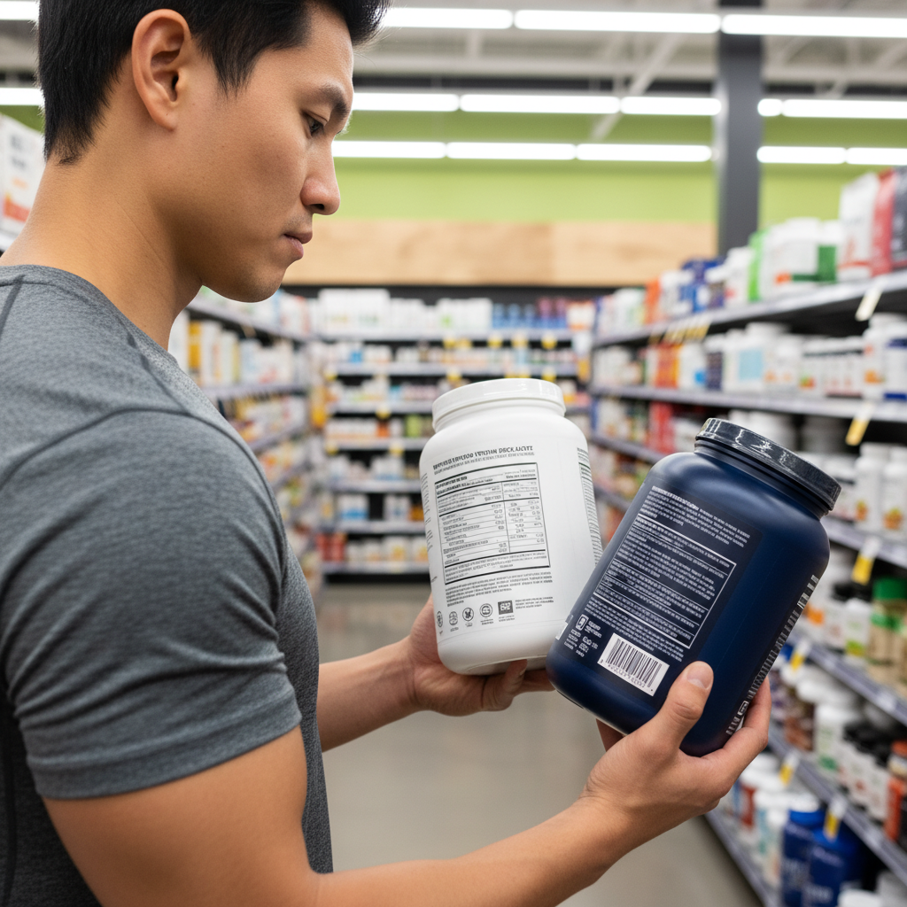 Reading the nutrition label on a protein powder container.