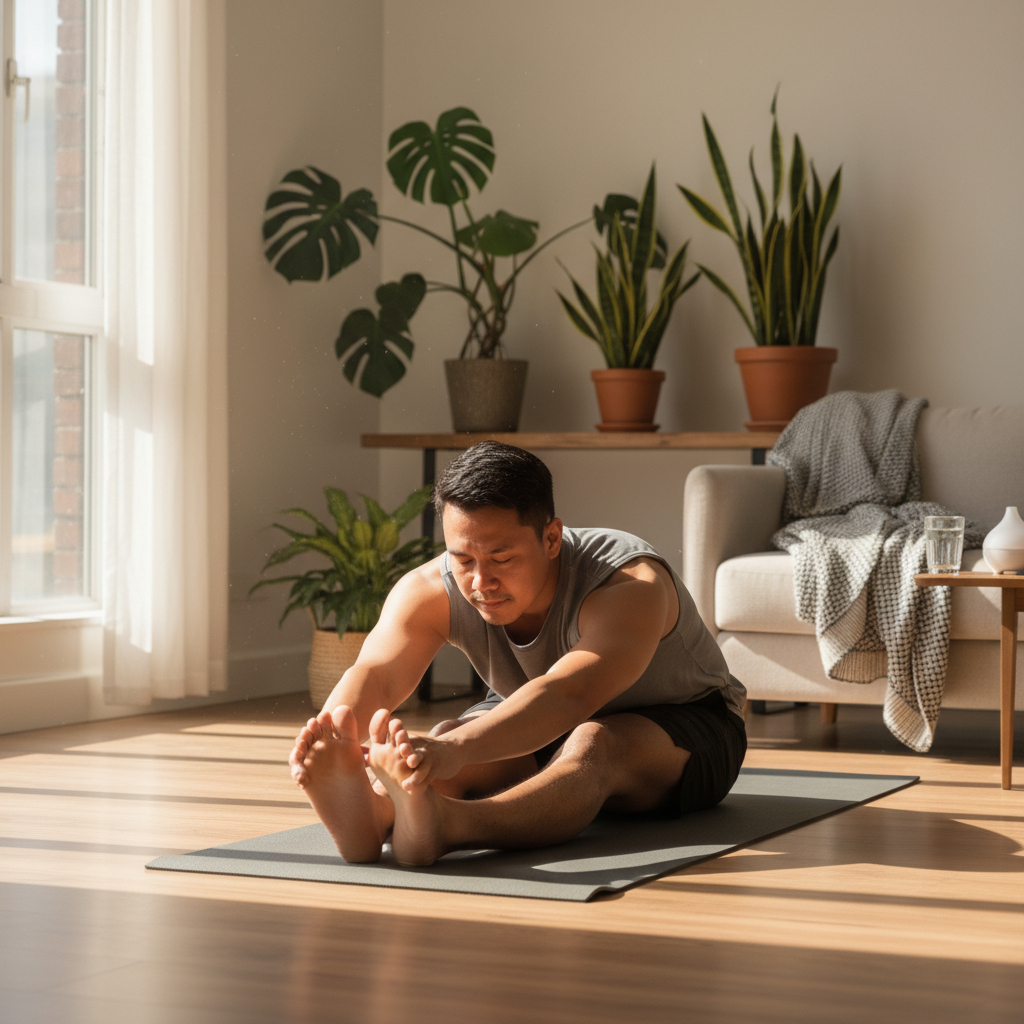 A Filipino man resting on a gym bench after a workout, emphasizing the importance of rest and recovery fitness.