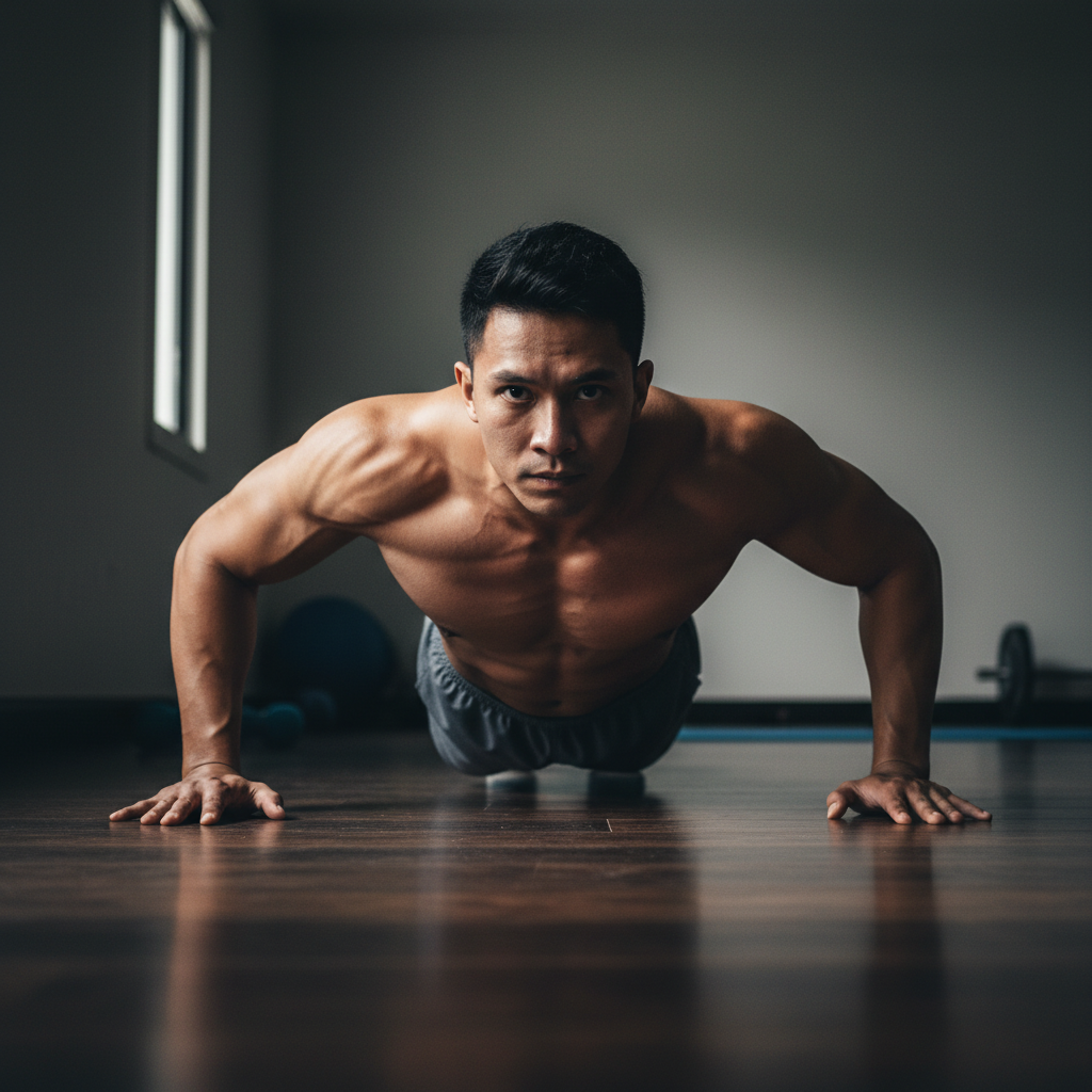 Filipino man starting a push-up workout at home