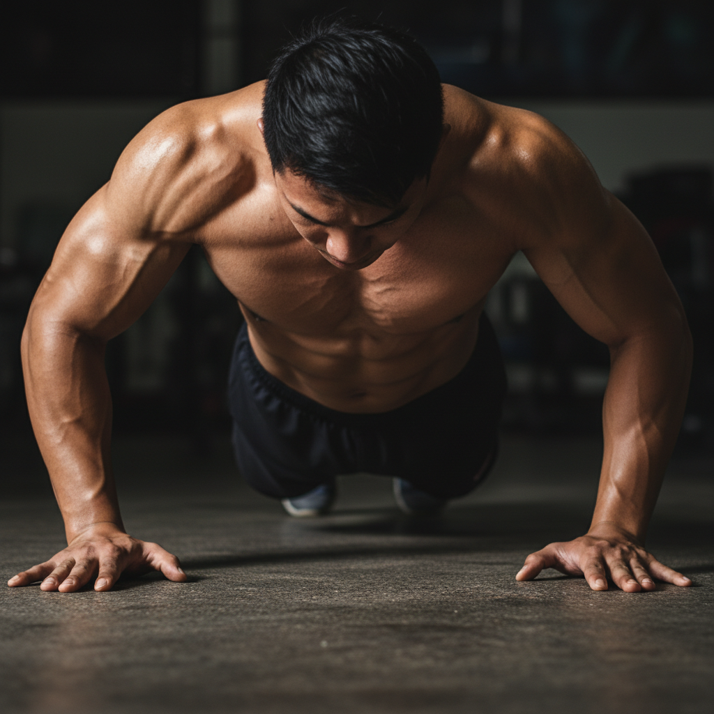 Filipina woman doing incline push-ups at home on a bench