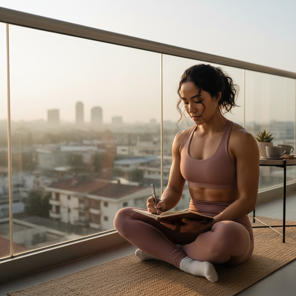 A person smiling and feeling positive and refreshed after a light home workout.