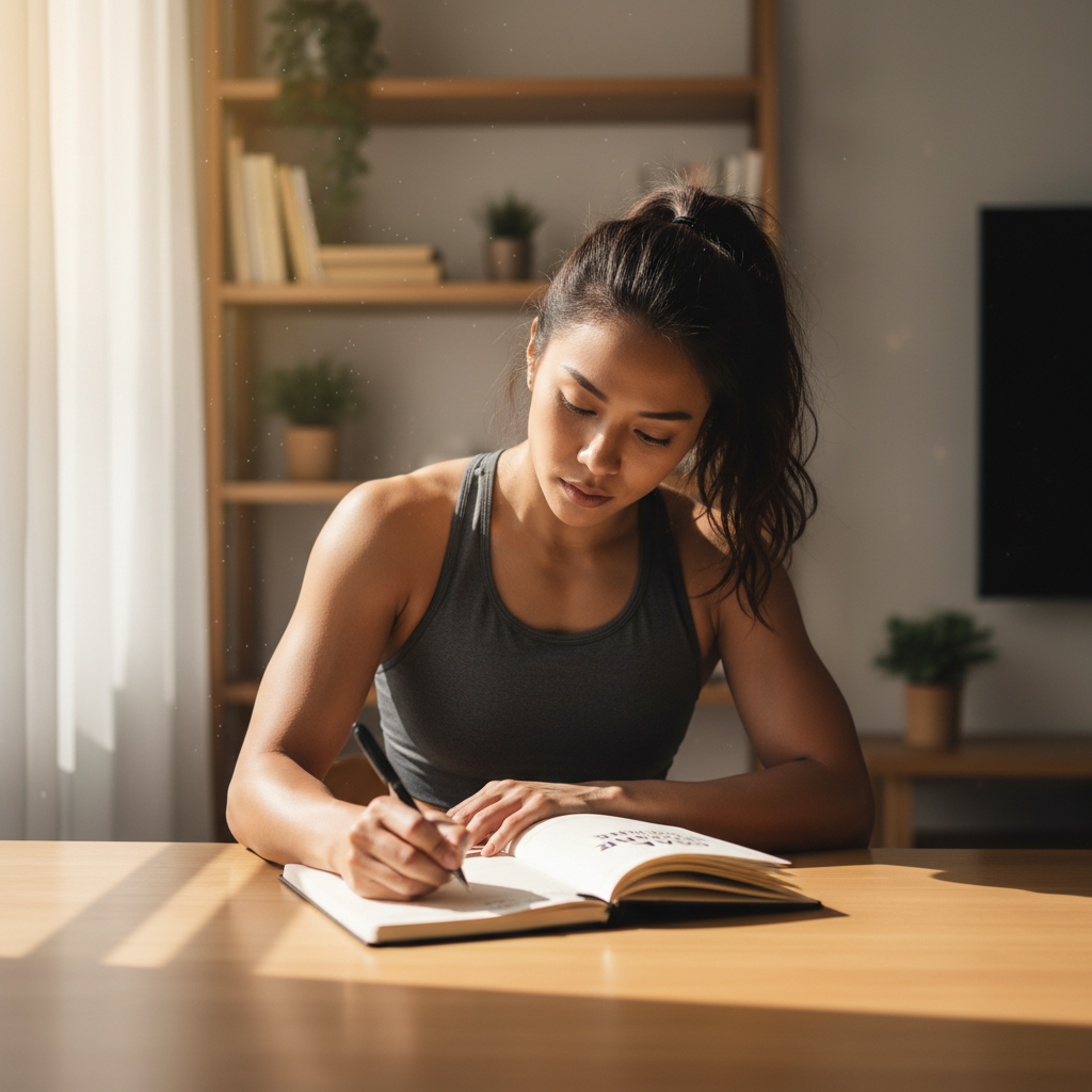 A person looking thoughtfully at their 2026 fitness goals written on a notepad.