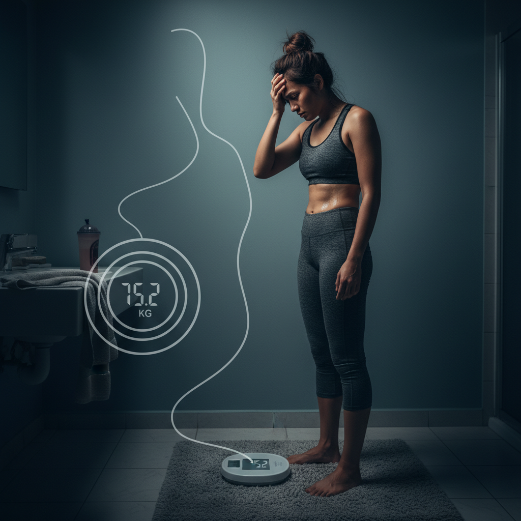 A person looking frustrated at a weighing scale, illustrating the dangers of repeated yo-yo dieting.