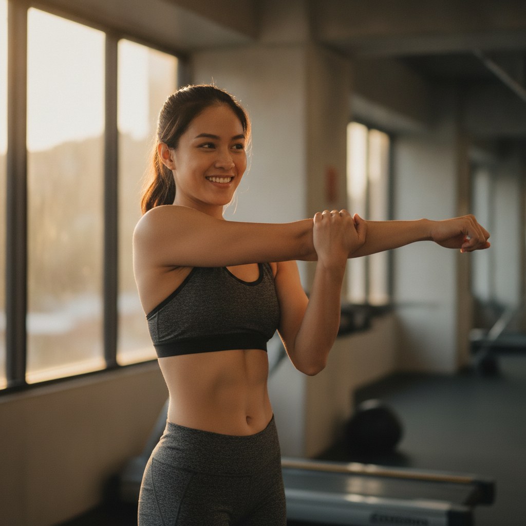 A Filipina celebrating her fitness progress at home, feeling empowered.