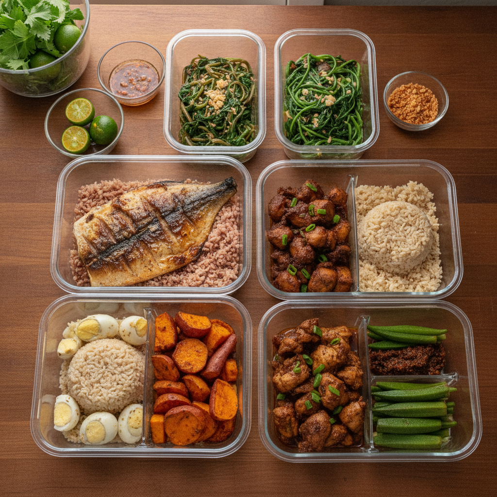A collection of healthy and cheap Filipino meal prep containers with local ingredients.