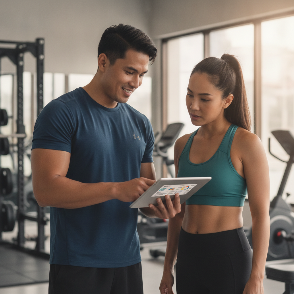An online fitness coach in the Philippines guiding a client through a workout plan.