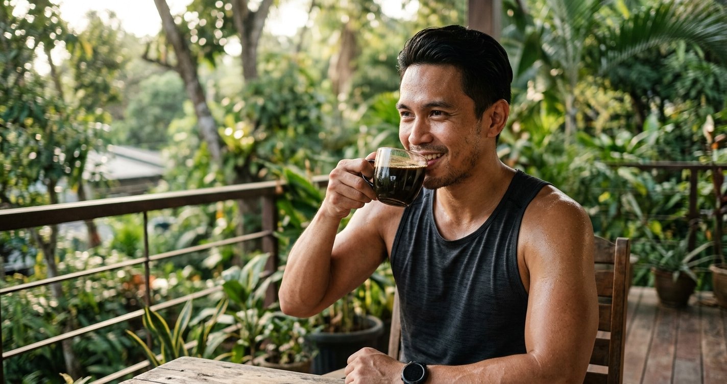 Busy individual drinking coffee with MCT oil