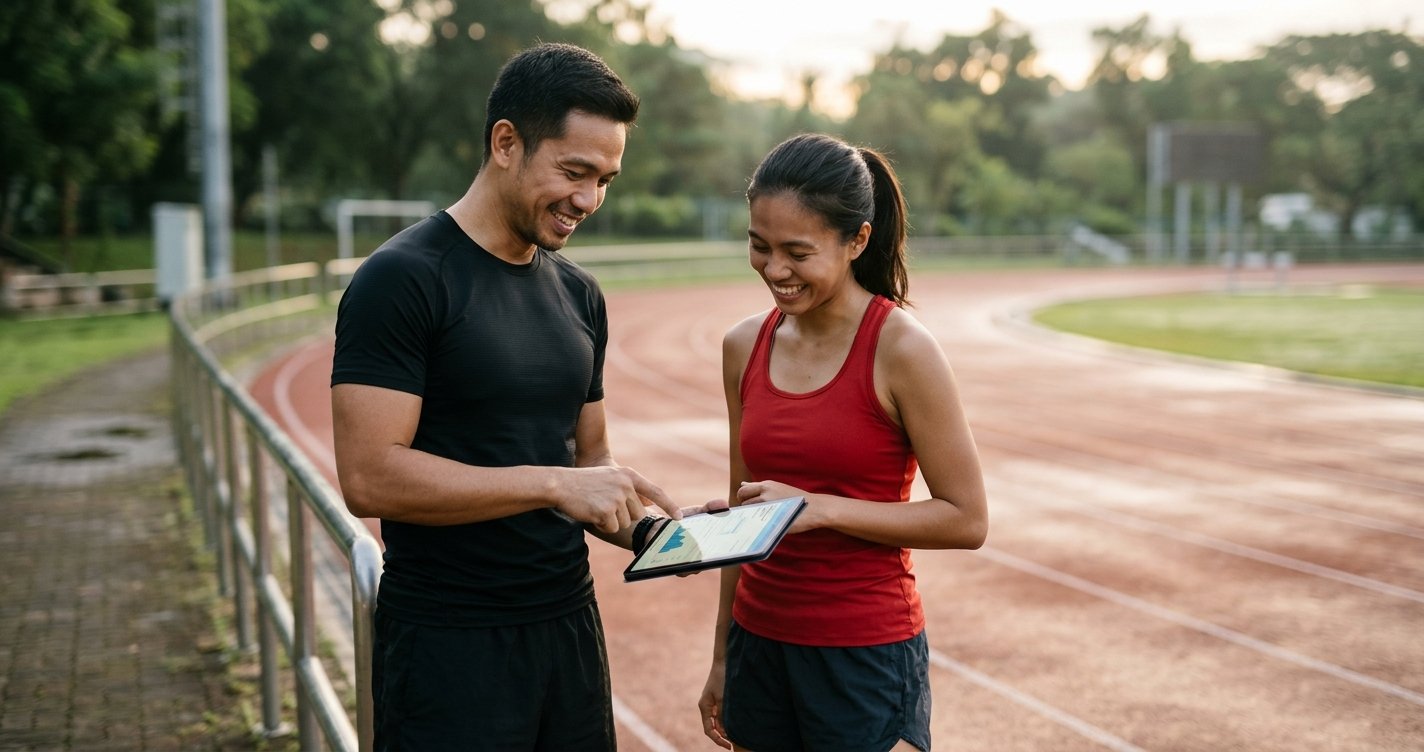 Filipino fitness coach reviewing a race training plan with a runner