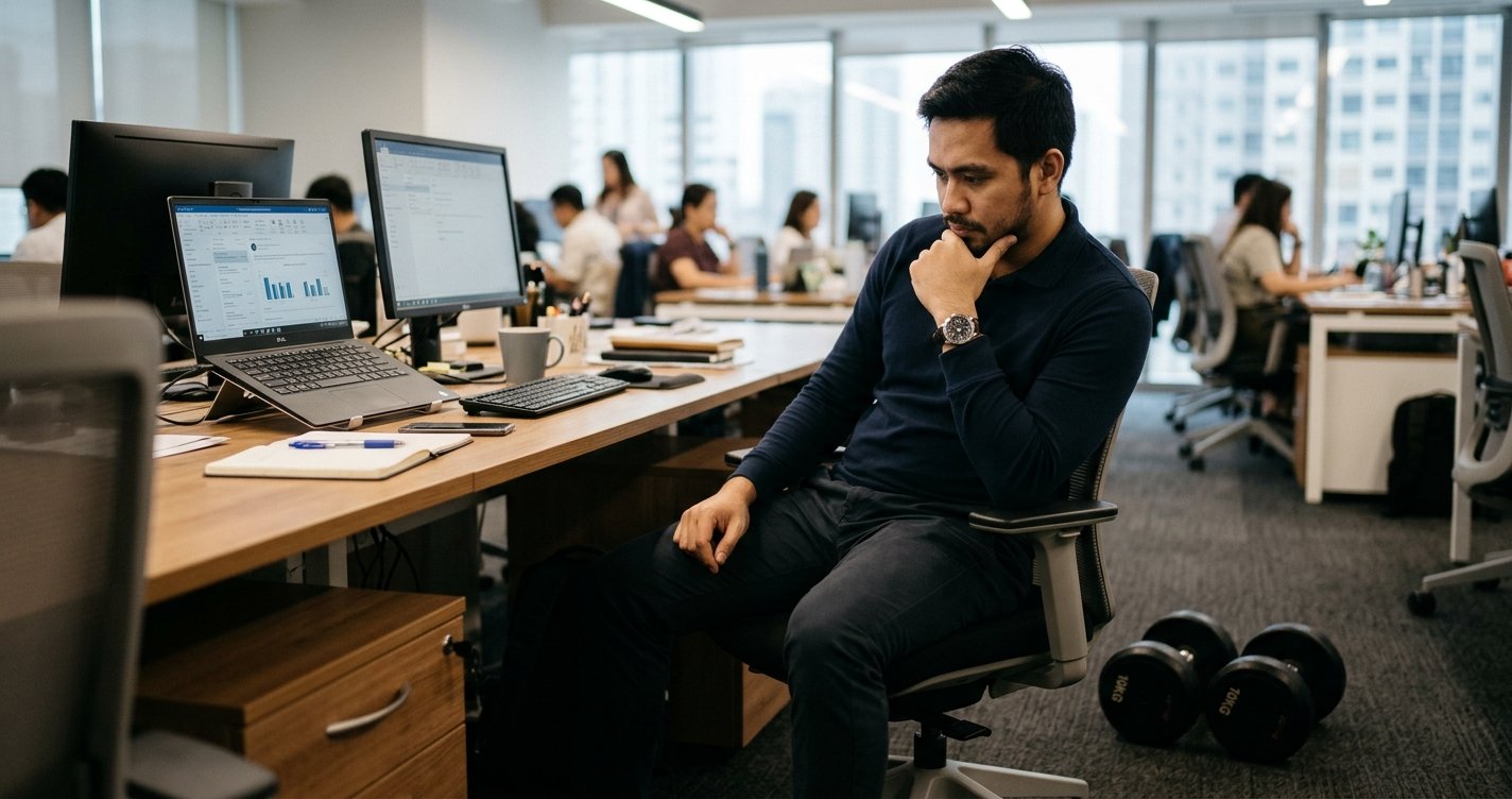 Busy professional sitting at a desk experiencing physical stagnation and weight gain