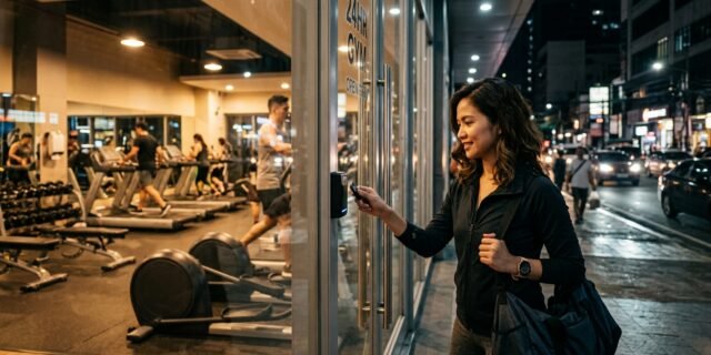 Member using a key fob to enter a 24-hour gym in the Philippines at night