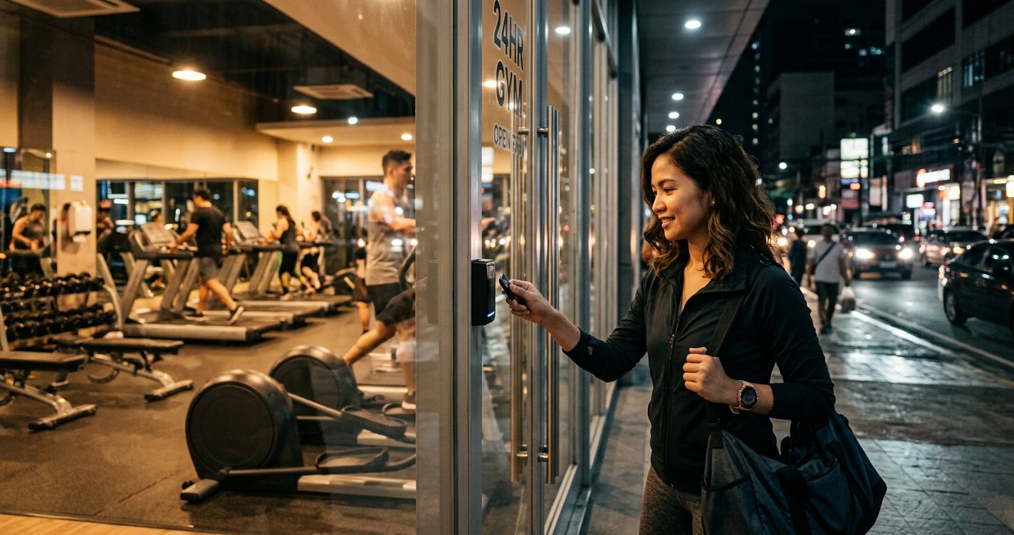 Member using a key fob to enter a 24-hour gym in the Philippines at night