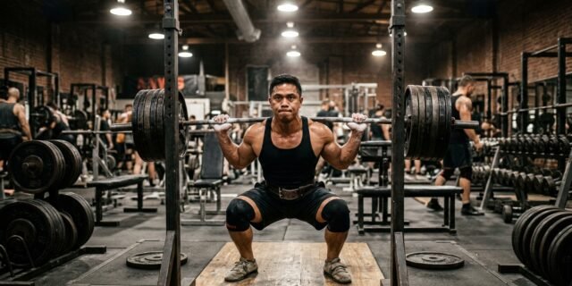 Filipino lifter squatting in a classic free-weight gym