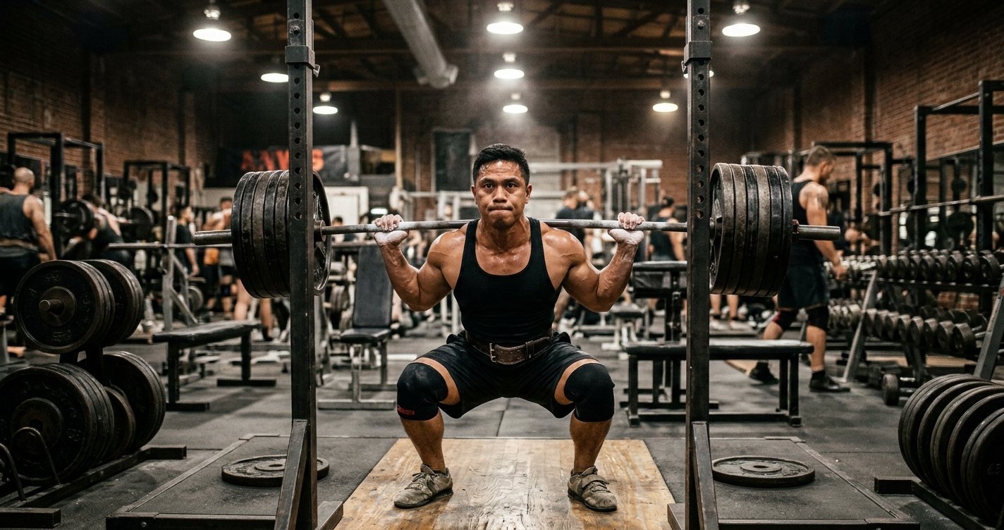 Filipino lifter squatting in a classic free-weight gym
