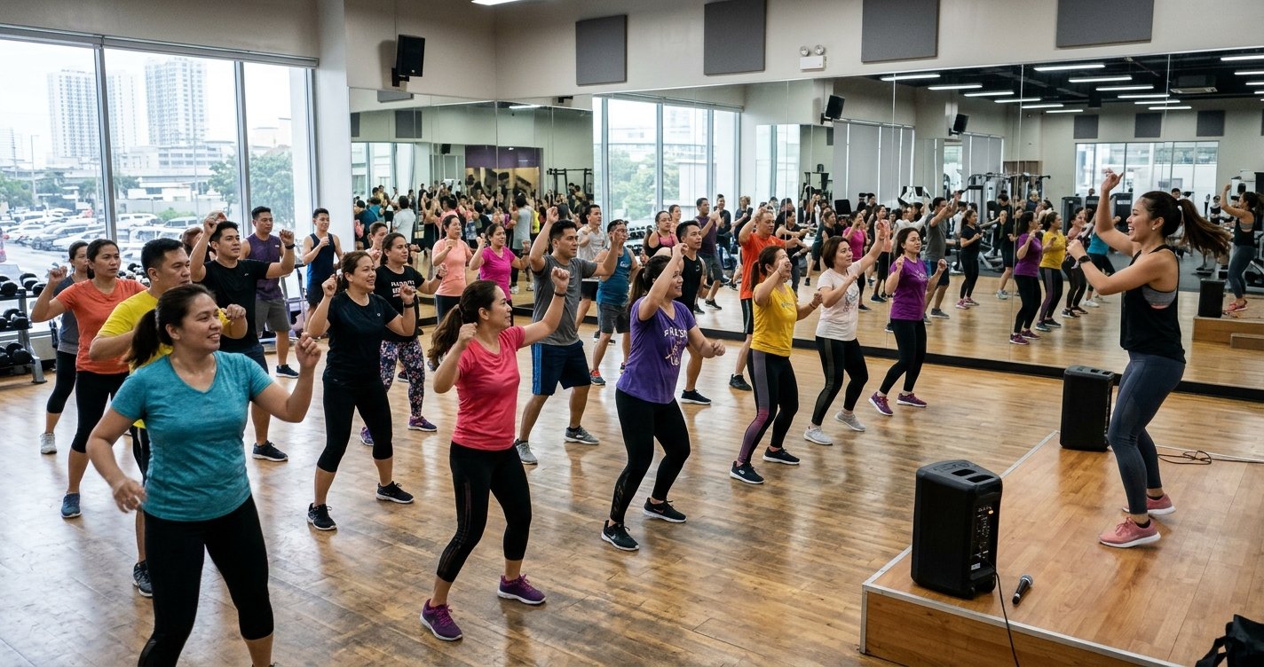 Group fitness class at a commercial gym in Metro Manila
