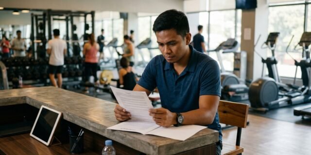 Man reviewing a gym membership contract before signing