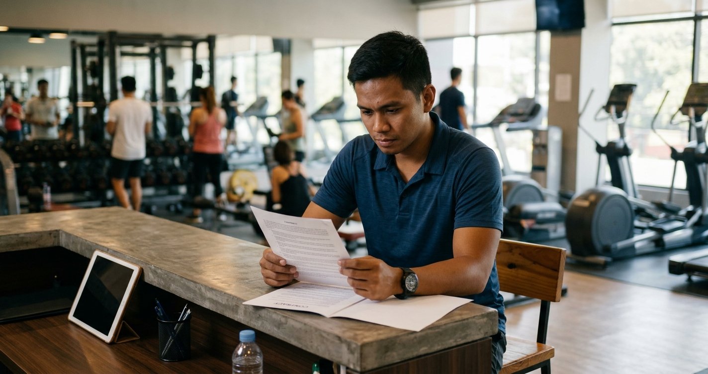 Man reviewing a gym membership contract before signing