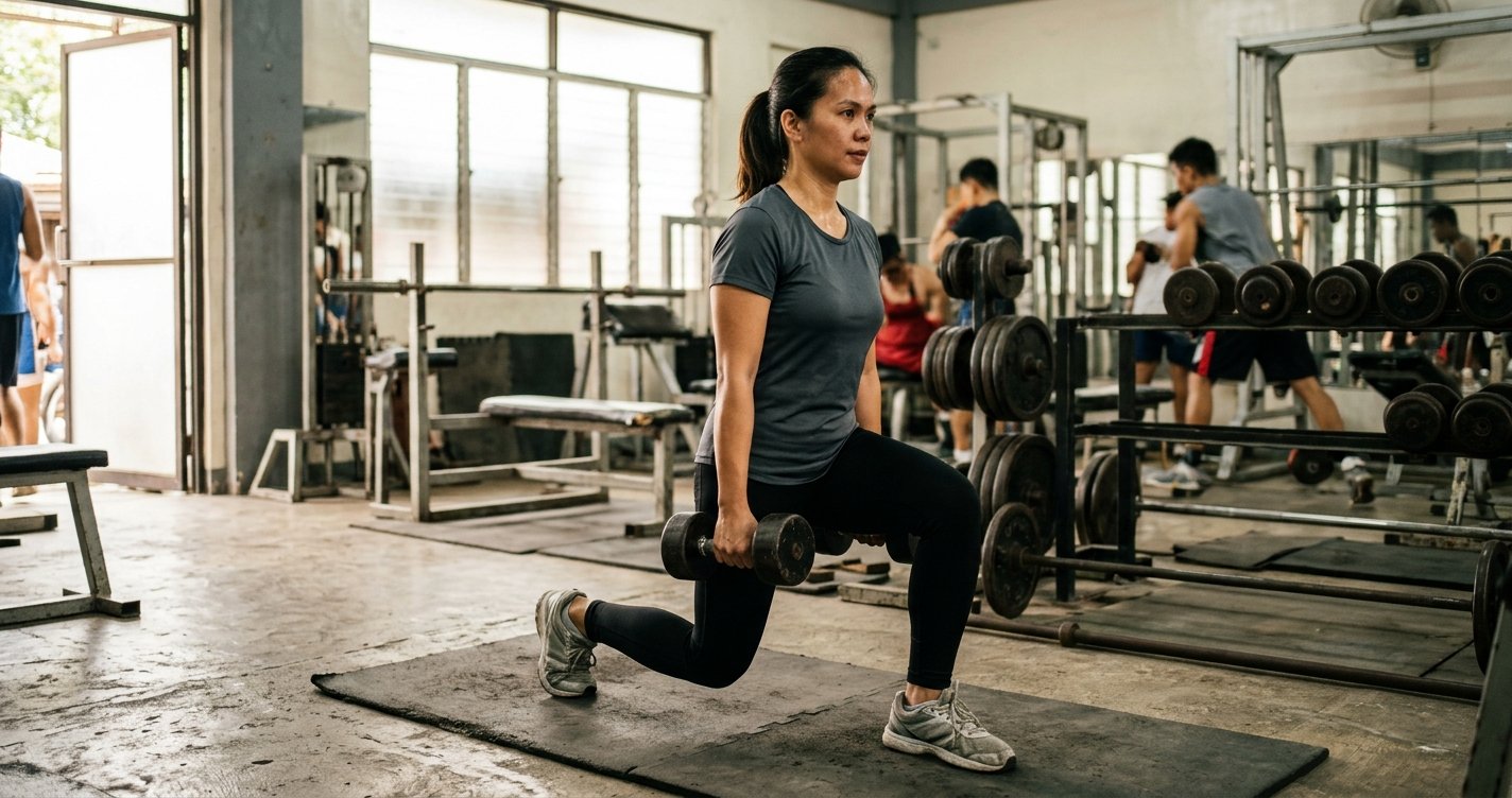 Woman training with dumbbells in a budget neighborhood gym
