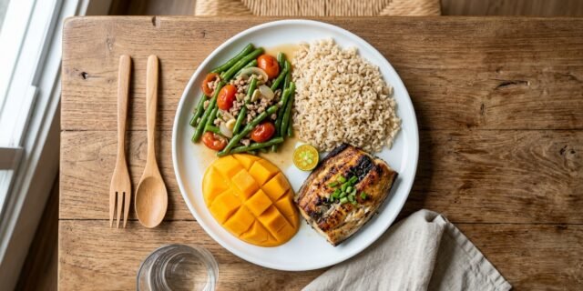 Balanced Filipino plate with vegetables, fruit, rice and grilled fish