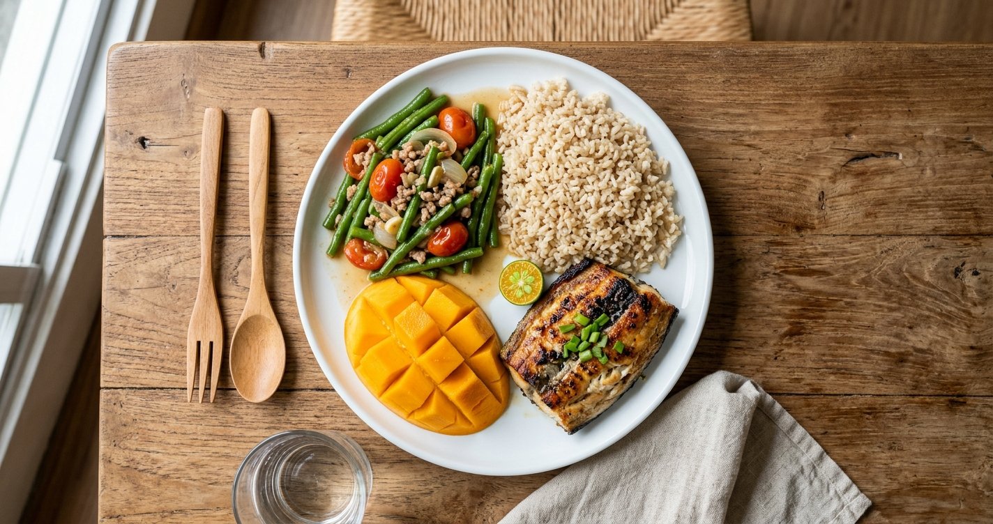 Balanced Filipino plate with vegetables, fruit, rice and grilled fish