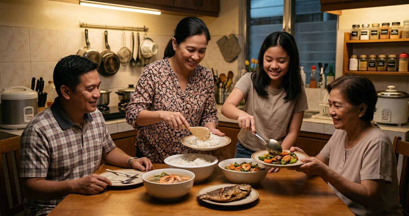 Filipino family portioning a balanced dinner at home