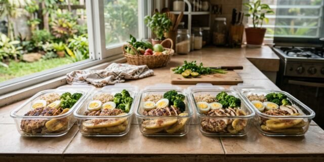 Lean bulking meal prep with chicken, rice, vegetables, eggs and saba
