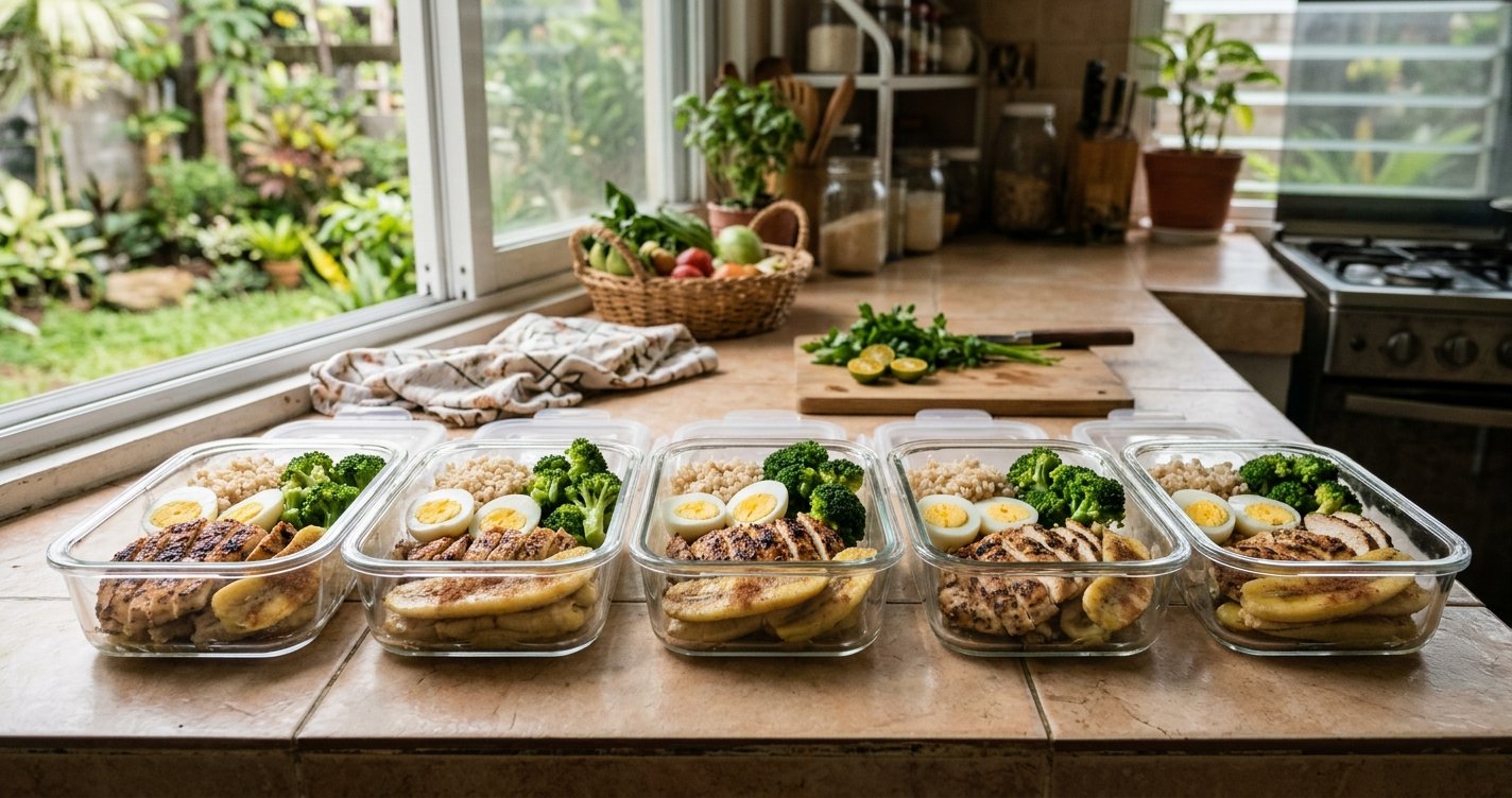 Lean bulking meal prep with chicken, rice, vegetables, eggs and saba