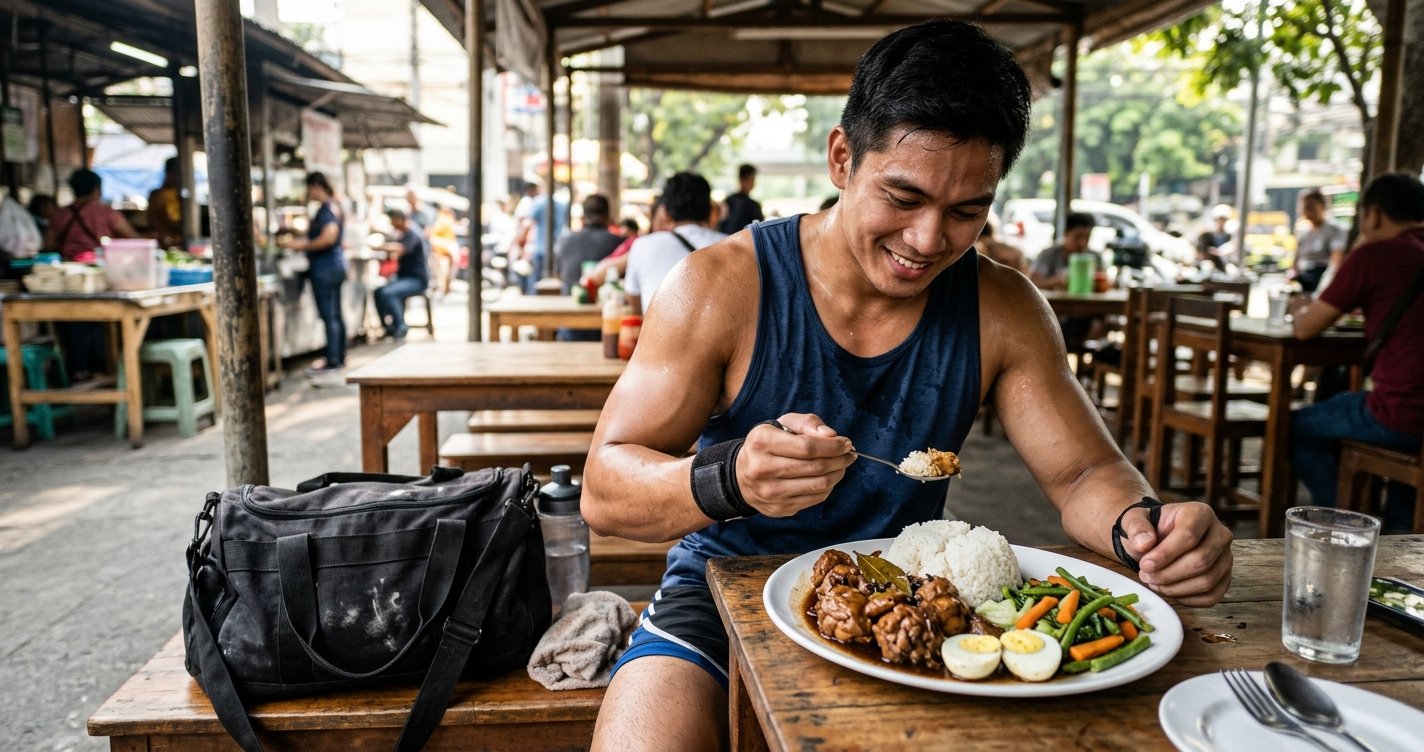 Filipino lifter eating a post-workout meal of chicken adobo, rice and vegetables