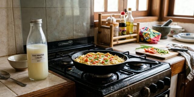 Bottle of liquid egg whites and an egg white omelette on the stove