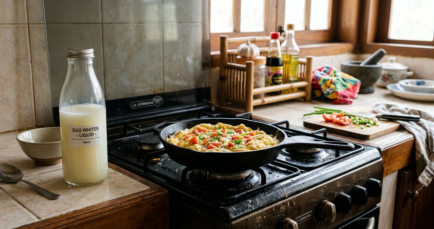 Bottle of liquid egg whites and an egg white omelette on the stove