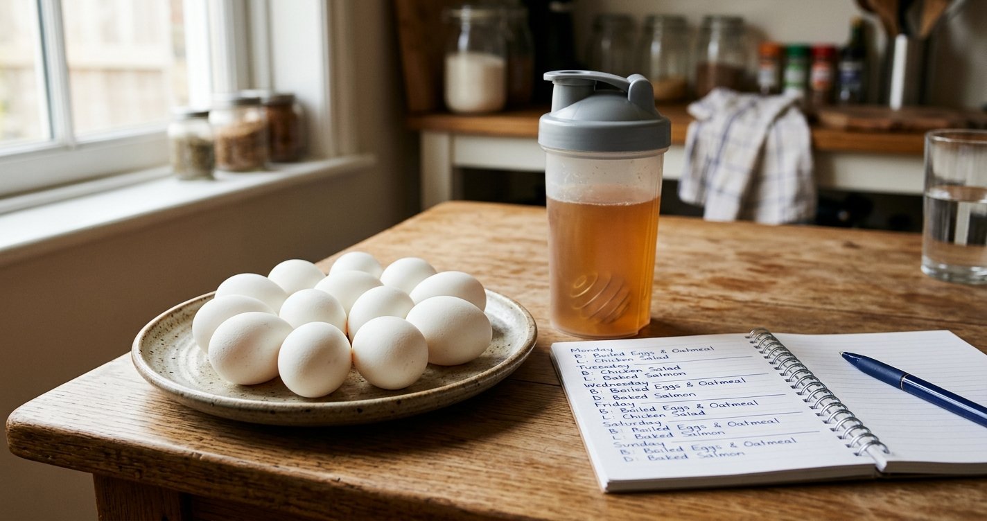 Boiled eggs, a shaker bottle and a meal plan notebook