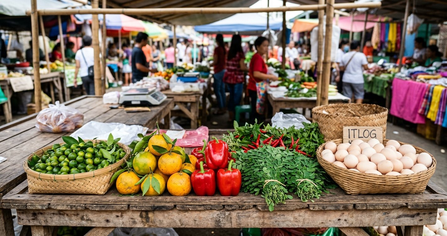 Vitamin C-rich fruits and vegetables with eggs at a Philippine market