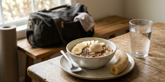 Pre-workout meal of oatmeal, banana and protein with a gym bag nearby