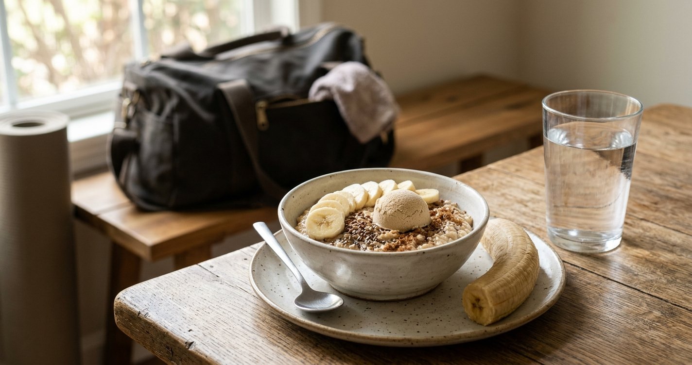 Pre-workout meal of oatmeal, banana and protein with a gym bag nearby