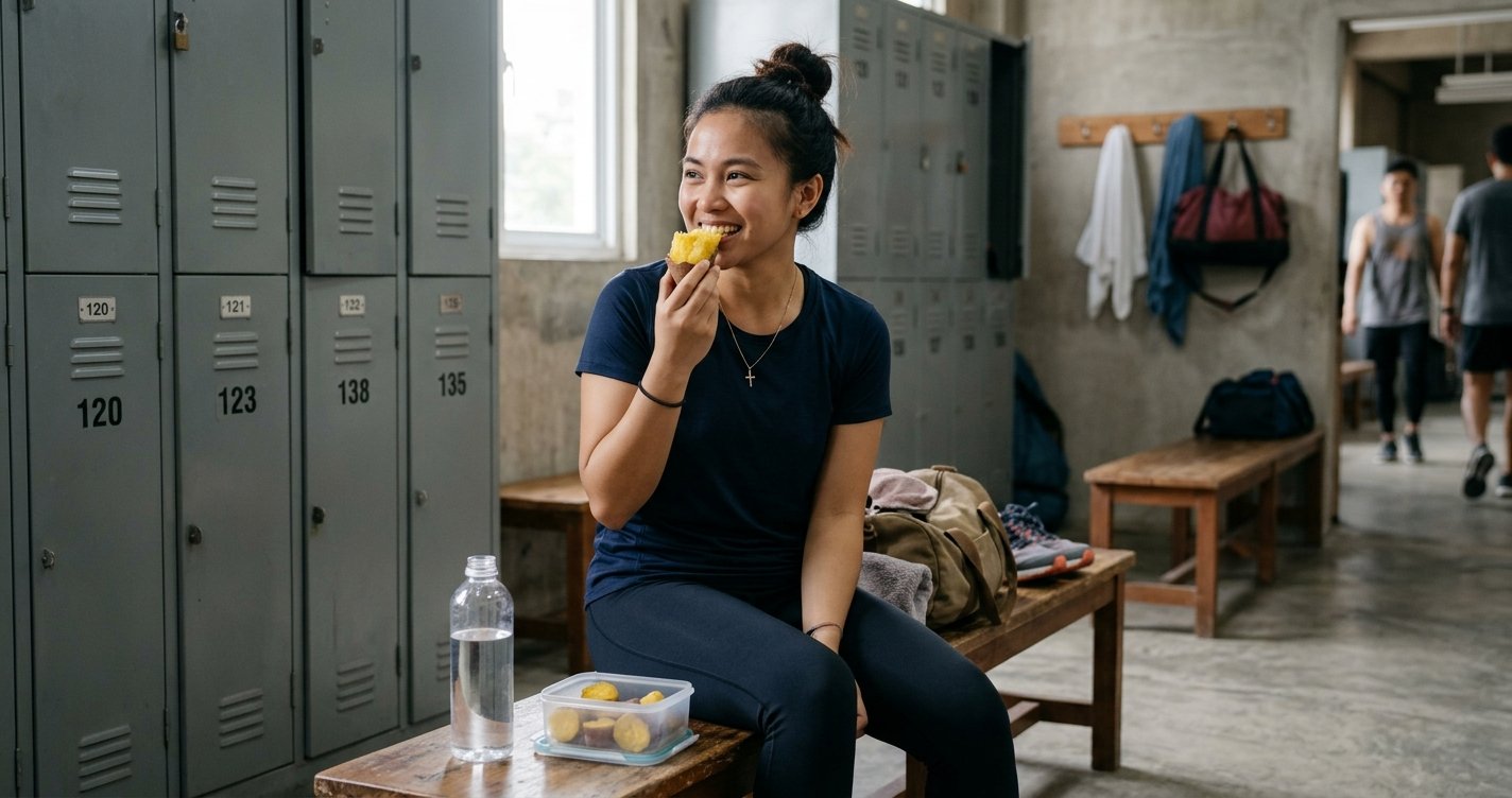 Woman eating sweet potato as a pre-workout snack before training