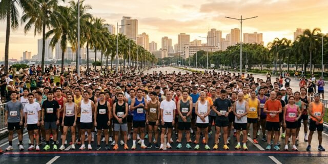 Filipino runners at the start line of a city road race in Metro Manila at sunrise