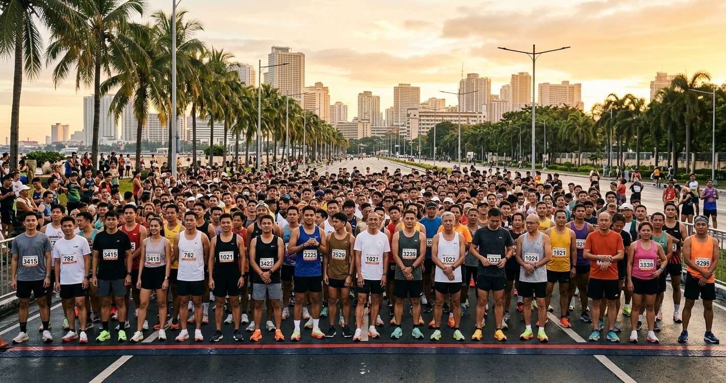 Filipino runners at the start line of a city road race in Metro Manila at sunrise
