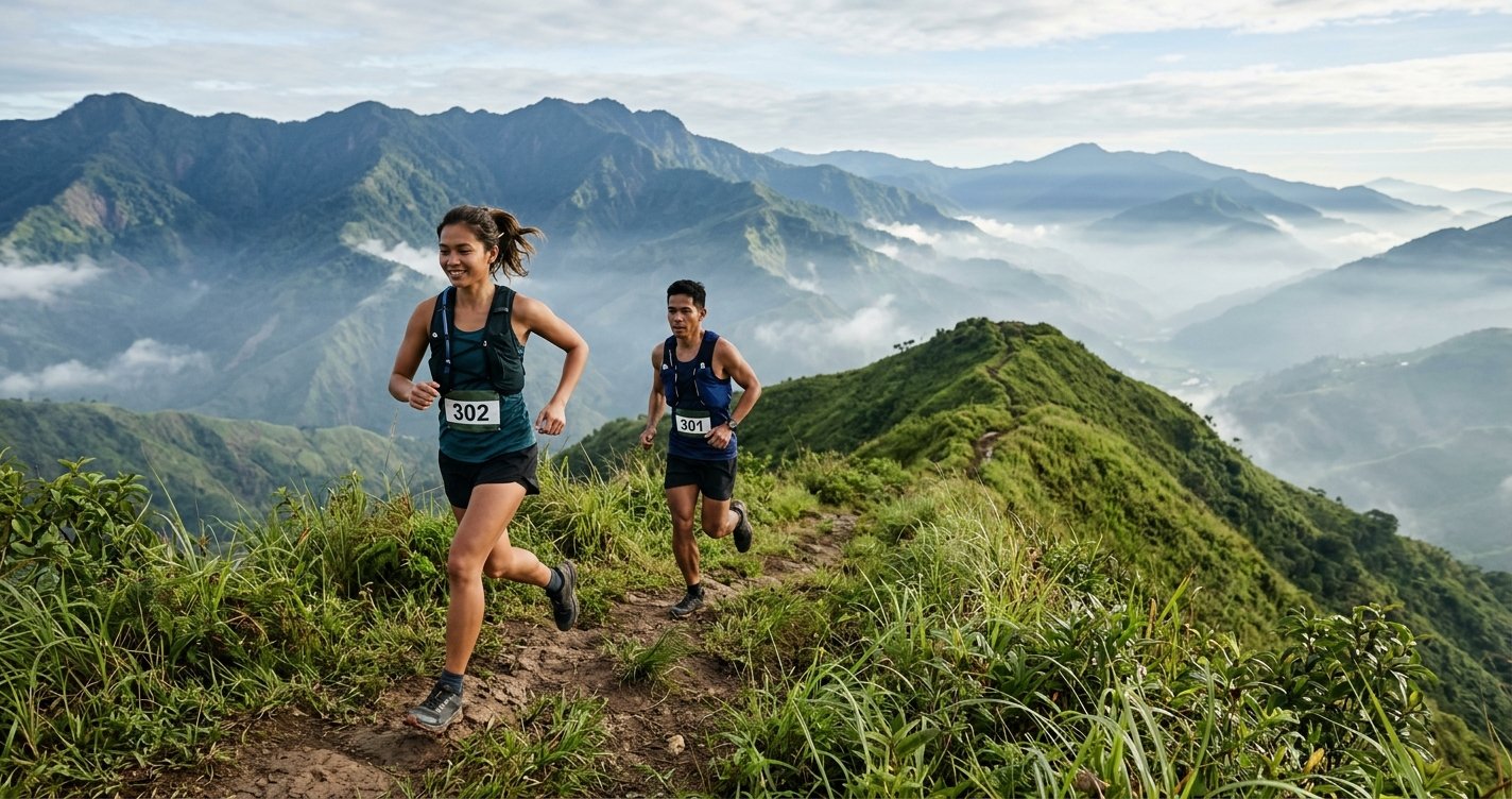Filipino trail runners on a grassy mountain ridge in the Philippines