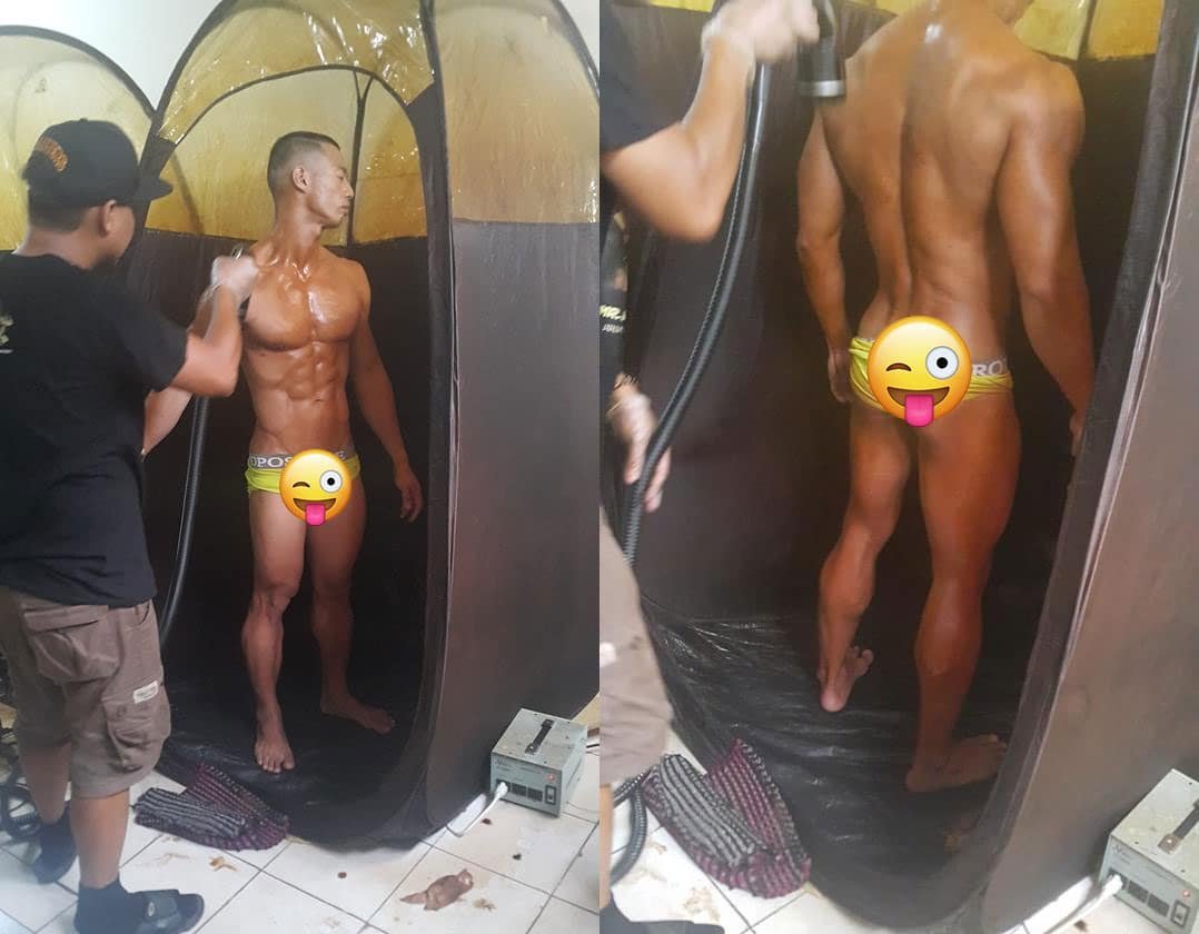 Coach Jeff Alagar after his first competition spray tan at PCBF Mr. Philippines 2018